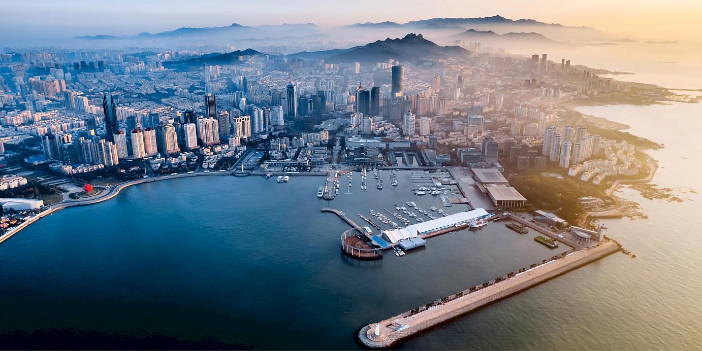 An aerial view of Qingdao City with skyscrapers in Shandong province and May Fourth Square